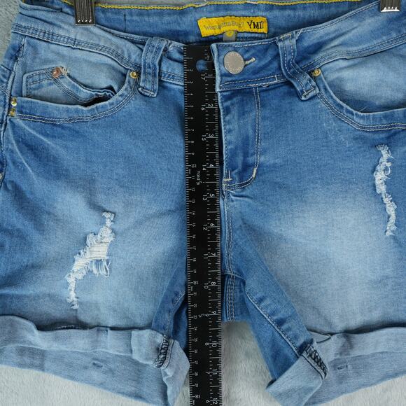 YMI Wanna Betta Butt Jean Shorts Womens 7 Blue Distressed Stretch Rolled Cuff - Picture 7 of 8